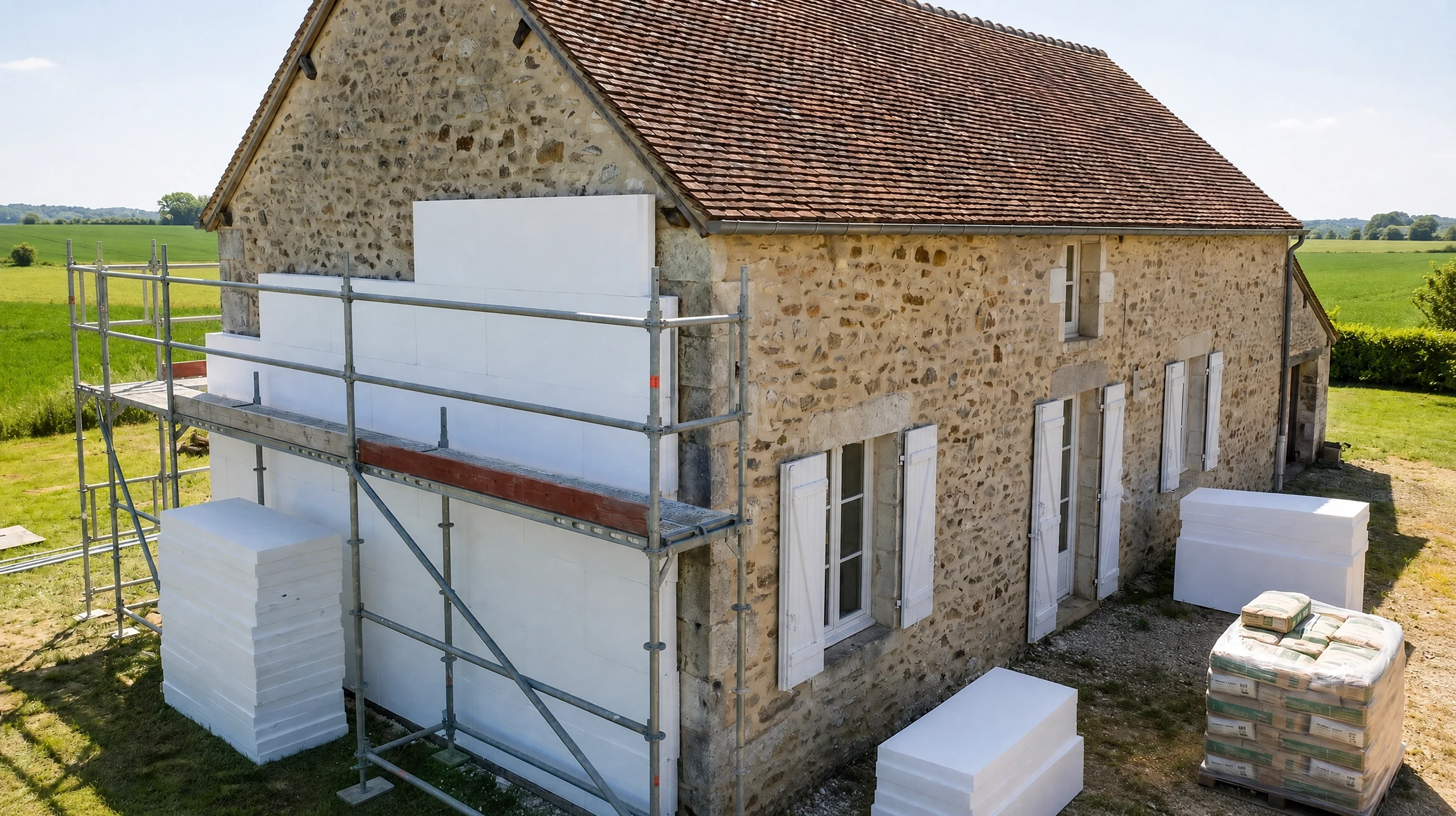Deux ouvriers en vêtements haute visibilité installent des panneaux d'isolation thermique extérieure sur façade de maison individuelle